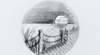 Very easy scenary drawing tutorial with pencil // how to draw scenary in a circle - step by step